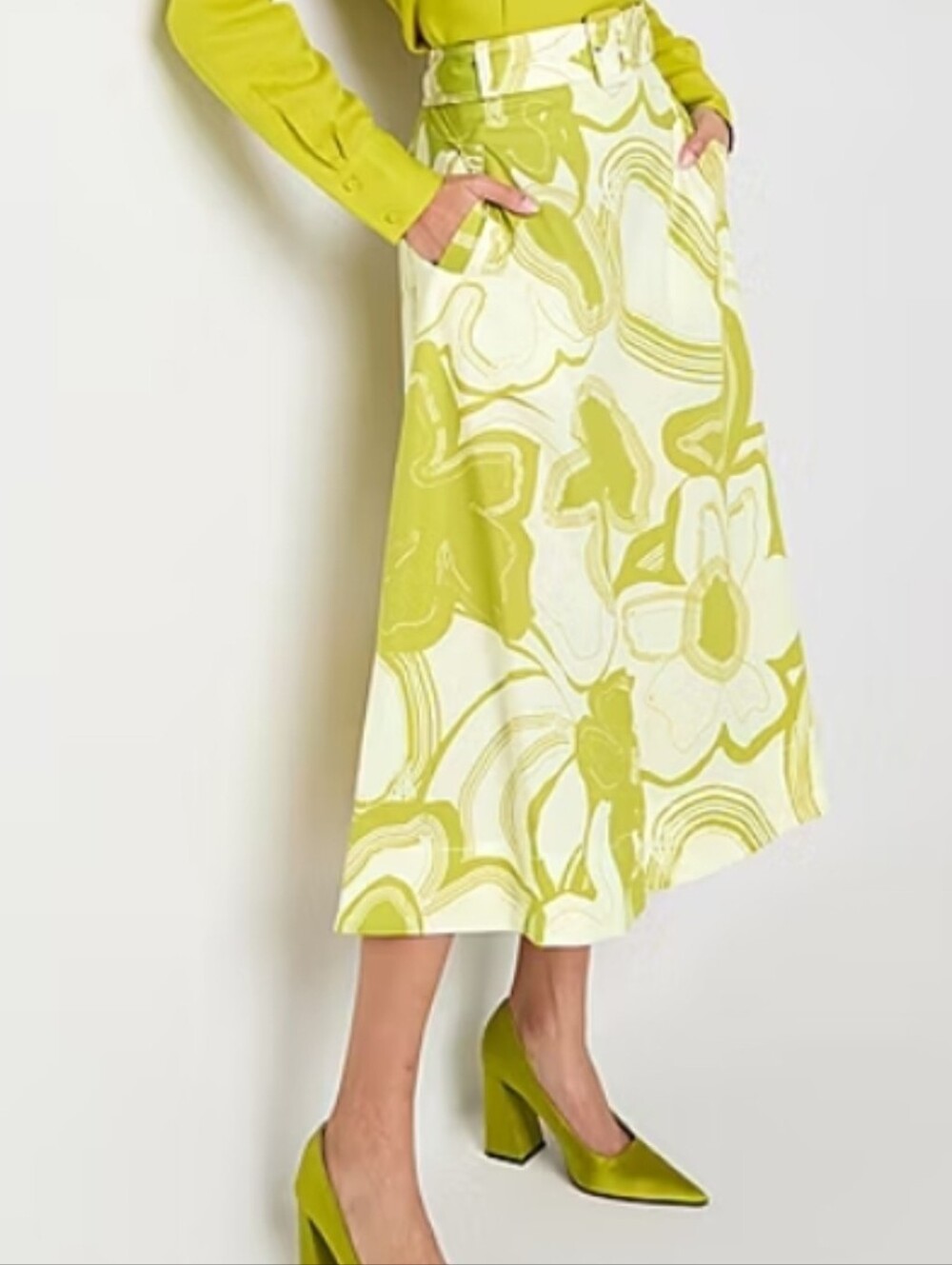 Worthington White A-Line Belted Skirt with Olive Green Floral Print